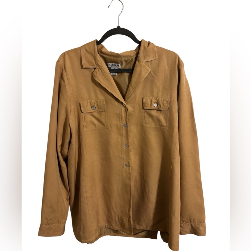 Vintage Allison Taylor 100% Silk Tan Button Up‎ Shirt XL